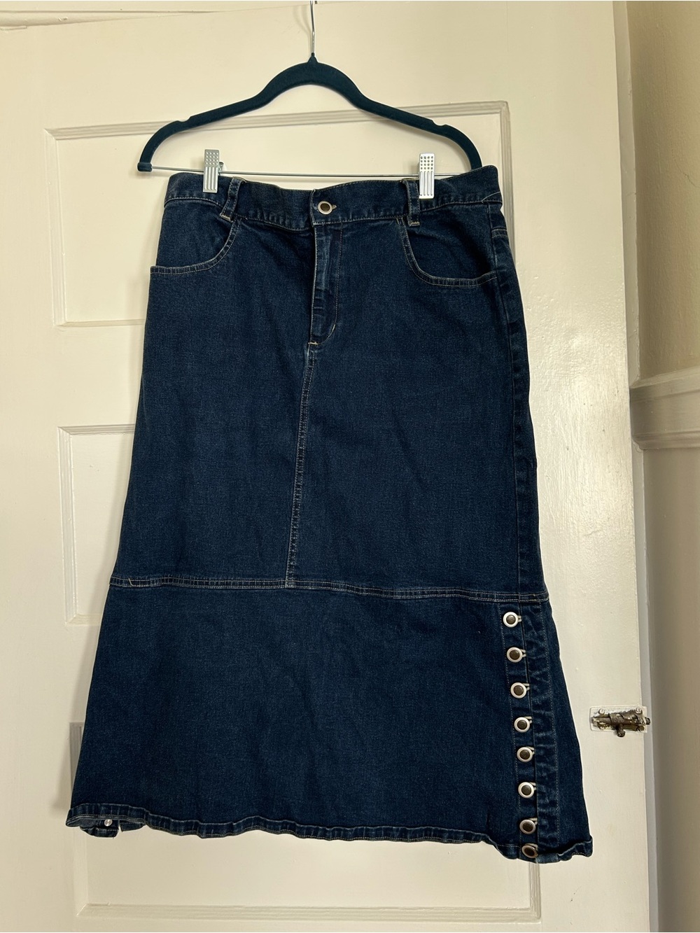 Dark Blue Denim Maxi Skirt with Grommet Detail